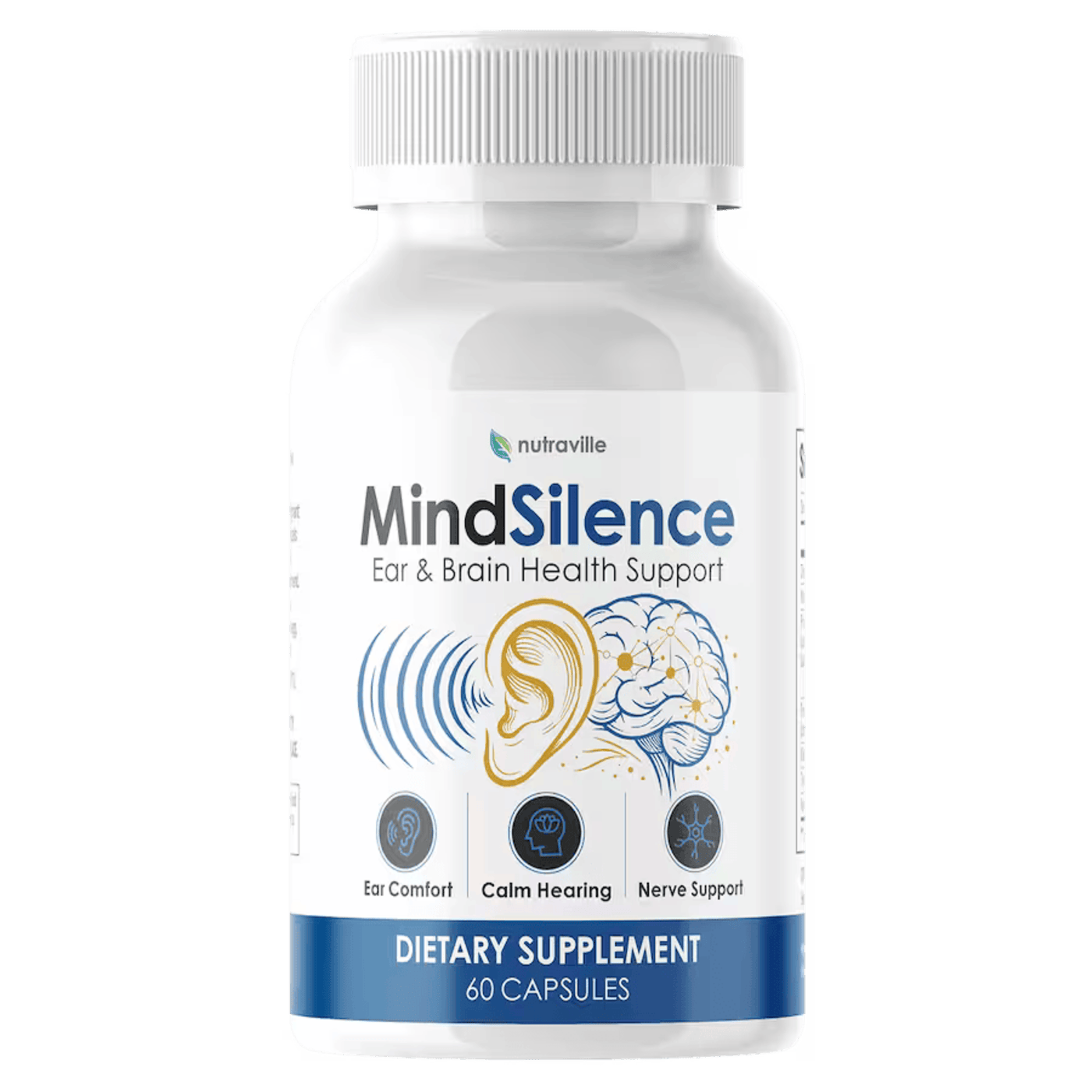 MindSilence Ear & Brain Health Support supplement bottle, 60 capsules